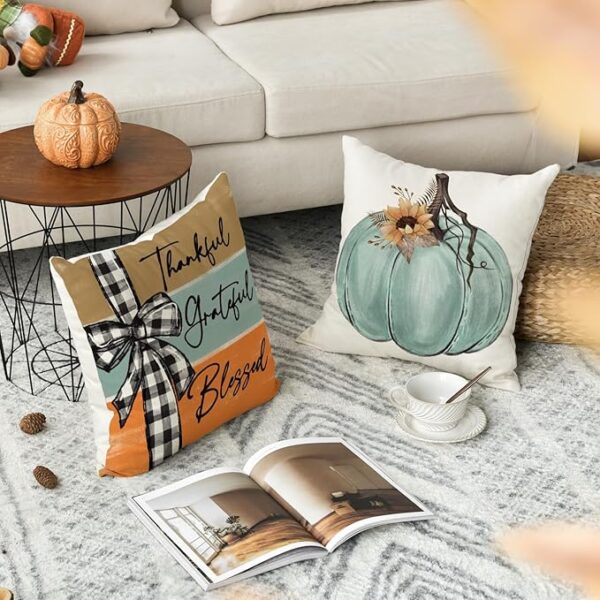 AVOIN colorlife Fall Pumpkin Home Sweet Home Throw Pillow Covers, 18 x 18 Inch Autumn Thankful Grateful Blessed Harvest Floral Decorations for Sofa Couch Set of 4 - Image 2