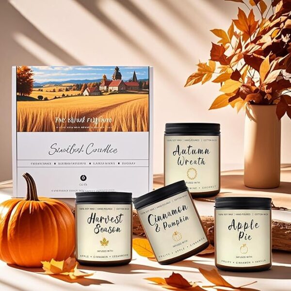 Fall Candles Gift Set – 4 Pack Scented Soy Candles for Home, Autumn Decor, Fall Decorations, Pumpkin Spice, Apple Pie, Cinnamon, Harvest – Great for Halloween & Thanksgiving Gifts - Image 4