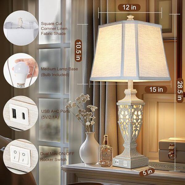 28.5" Lamps for Living Room - Table Lamps Set of 2 with Night Light,Bedside Lamp with White Linen Cut Corner Shade - for Bedroom Room and Nightstand with USB A+C Ports- for Office Hotel(Bulb Included) - Image 2