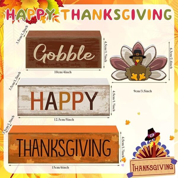 4 Pcs Fall Decorations for Home Thanksgiving Tiered Tray Decor Fall Table Decor Thanksgiving Centerpiece Rustic Wooden Turkey Block Sign for Autumn Harvest Party Table Kitchen Shelf - Image 3