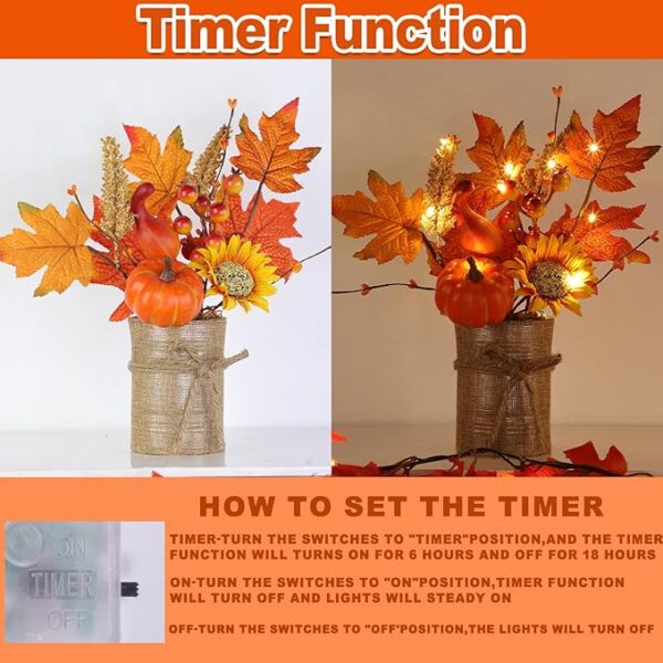 [2-Style & Light Timer] 2 Pack 13 Inch Fall Decor Table Centerpiece with Lights 20LED Maple Arrangement Potted Pumpkin Sunflower in Burlap Fall Decorations for Home Kitchen Office Autumn Thanksgiving - Image 3