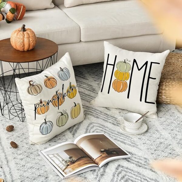 AVOIN colorlife Fall Home Pumpkins Throw Pillow Covers, 18 x 18 Inch Pillow Cases Autumn Seasonal Cushion Case for Sofa Couch Set of 4 - Image 3