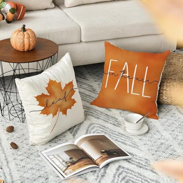 AVOIN colorlife Hello Pumpkin Fall Happy Harvest Maple Leaf Throw Pillow Covers, 18 x 18 Inch Pillows Autumn Seasonal Cushion Case for Sofa Couch Set of 4 - Image 3