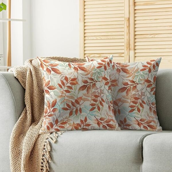 Fall Pillow Covers 18X18 Set of 2, Burnt Orange Autumn Colored Leaves Harvest Throw Pillowcases Colorful Holiday Theme Seasonal Outdoor Farmhouse Cushion Cover Couch Sofa Bed Home Decor - Image 2
