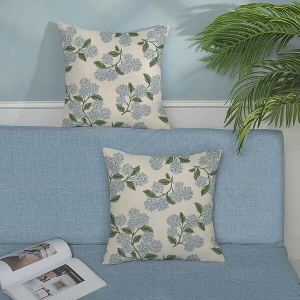 Spring Pillow Covers 20x20 Inch 2 Pcs Navy Blue Sage Green Hydrangea Flower Decor Throw Pillows Vintage Floral Seasonal Summer Outdoor Decoration Pillowcase Linen Cushion Cover for Couch Sofa - Image 3