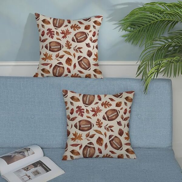 Fall Pillow Covers 18x18 Inch 2 Pcs Brown Football Maple Leaves Decor Throw Pillows Autumn Leaf Thanksgiving Harvest Outdoor Seasonal Decoration Pillowcase Linen Cushion Cover for Couch Sofa - Image 3