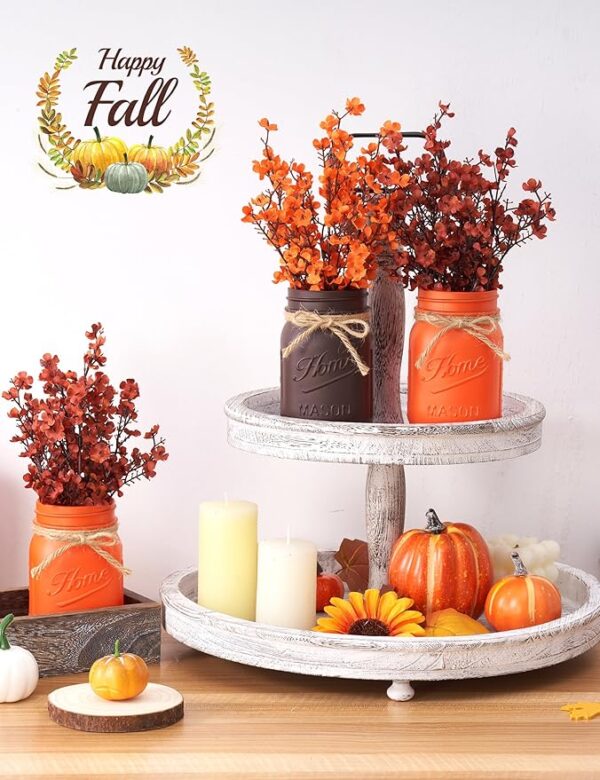 Fall Table Decor, Thanksgiving Centerpieces for Tables with Mason Jar, Babys Breath Artificial Flowers, Wood Tray, Fall Centerpiece Table Decorations for Home Dining Tables Indoor, Autumn Decor - Image 3