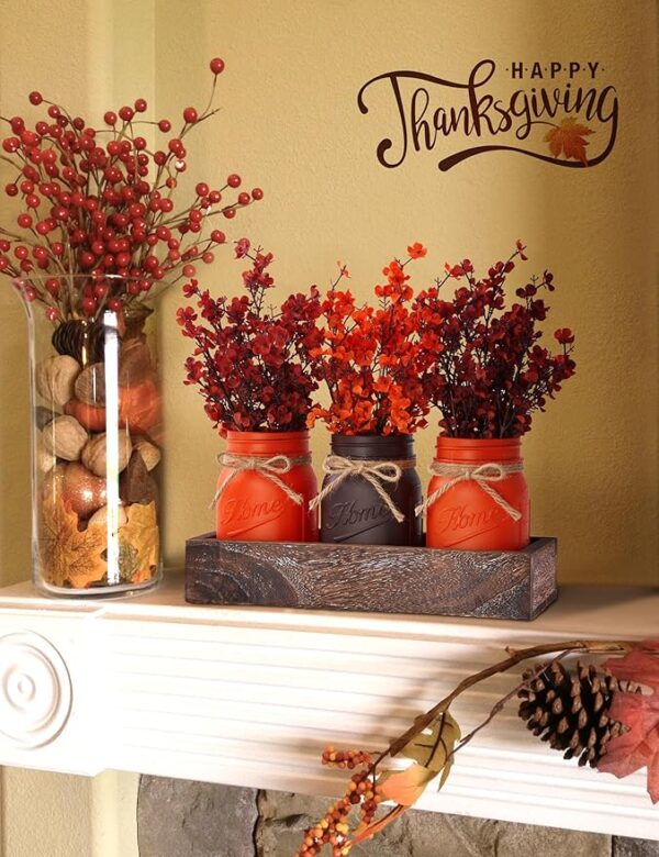 Fall Table Decor, Thanksgiving Centerpieces for Tables with Mason Jar, Babys Breath Artificial Flowers, Wood Tray, Fall Centerpiece Table Decorations for Home Dining Tables Indoor, Autumn Decor - Image 2