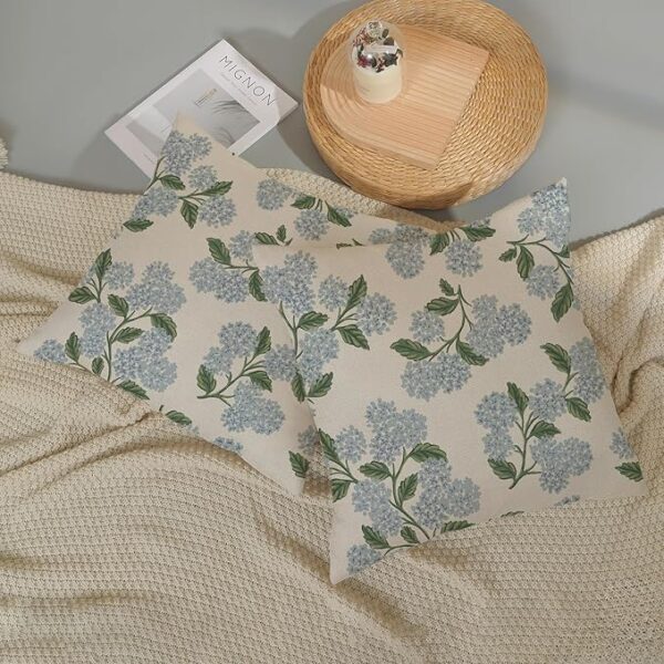 Spring Pillow Covers 20x20 Inch 2 Pcs Navy Blue Sage Green Hydrangea Flower Decor Throw Pillows Vintage Floral Seasonal Summer Outdoor Decoration Pillowcase Linen Cushion Cover for Couch Sofa - Image 5