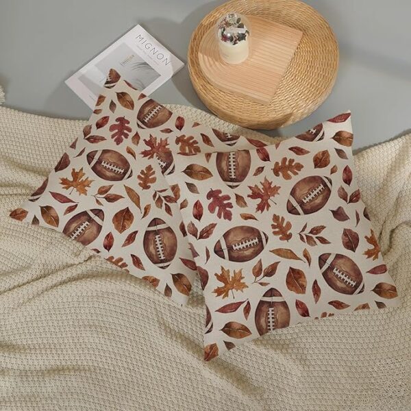 Fall Pillow Covers 18x18 Inch 2 Pcs Brown Football Maple Leaves Decor Throw Pillows Autumn Leaf Thanksgiving Harvest Outdoor Seasonal Decoration Pillowcase Linen Cushion Cover for Couch Sofa - Image 5