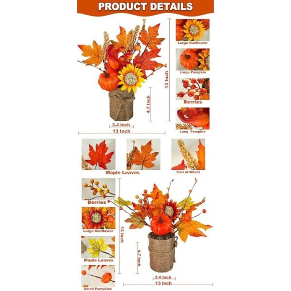 [2-Style & Light Timer] 2 Pack 13 Inch Fall Decor Table Centerpiece with Lights 20LED Maple Arrangement Potted Pumpkin Sunflower in Burlap Fall Decorations for Home Kitchen Office Autumn Thanksgiving - Image 2