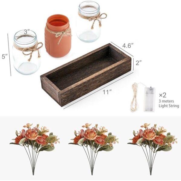 Mkono Mason Jar Lights Centerpiece Table Decorations for Dining Room Farmhouse Coffee Table Decor Tray with 3 Jars Flowers Centerpieces Fall Decor for Kitchen Living Dining Room, Orange - Image 5