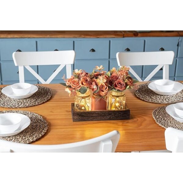 Mkono Mason Jar Lights Centerpiece Table Decorations for Dining Room Farmhouse Coffee Table Decor Tray with 3 Jars Flowers Centerpieces Fall Decor for Kitchen Living Dining Room, Orange - Image 6