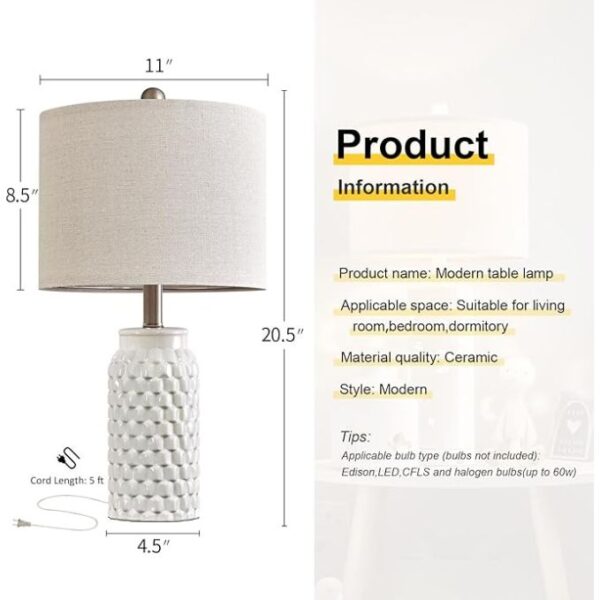 20.5" Modern Ceramic Bedside Lamp Set of 2 for Bedroom Decor Farmhouse Table Lamp for Living Room Office Dorm - Image 3