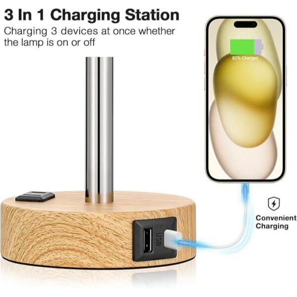 Bedside Table Lamp for Bedroom - 3 Way Dimmable Touch Lamp USB C Charging Ports and AC Outlet, Small Lamp Wood Base Round Flaxen Fabric Shade for Living Room, Desk, LED Bulb Included - Image 3