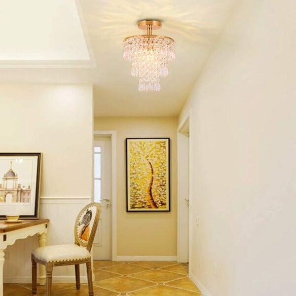 FRIXCHUR Mini Size Crystal Chandelier Modern Flush Mount Ceiling Light 3 Tiers Raindrops Crystal Pendant Lighting Fixture Decoration for Bedroom Hallway Living Room,E26 Base,Gold - Image 2
