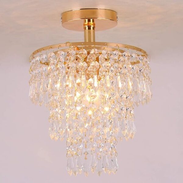 FRIXCHUR Mini Size Crystal Chandelier Modern Flush Mount Ceiling Light 3 Tiers Raindrops Crystal Pendant Lighting Fixture Decoration for Bedroom Hallway Living Room,E26 Base,Gold - Image 5