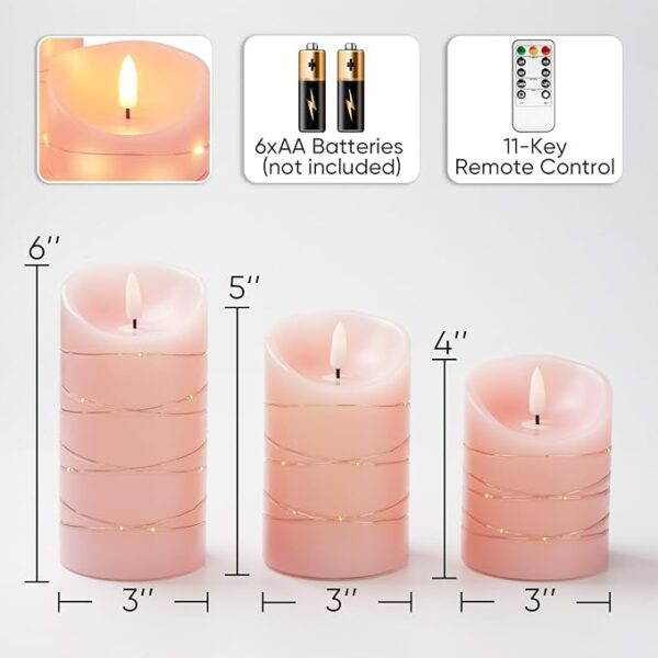 Homemory Flameless Candles with String Lights, 3 Pack Embedded Fairy String Lights LED Candles, Electric Flickering Candles with Remote Control and Timer, Real Wax, Pink - Image 6