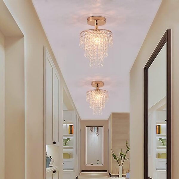 FRIXCHUR Mini Size Crystal Chandelier Modern Flush Mount Ceiling Light 3 Tiers Raindrops Crystal Pendant Lighting Fixture Decoration for Bedroom Hallway Living Room,E26 Base,Gold - Image 3