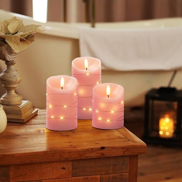 Homemory Flameless Candles with String Lights, 3 Pack Embedded Fairy String Lights LED Candles, Electric Flickering Candles with Remote Control and Timer, Real Wax, Pink - Image 2