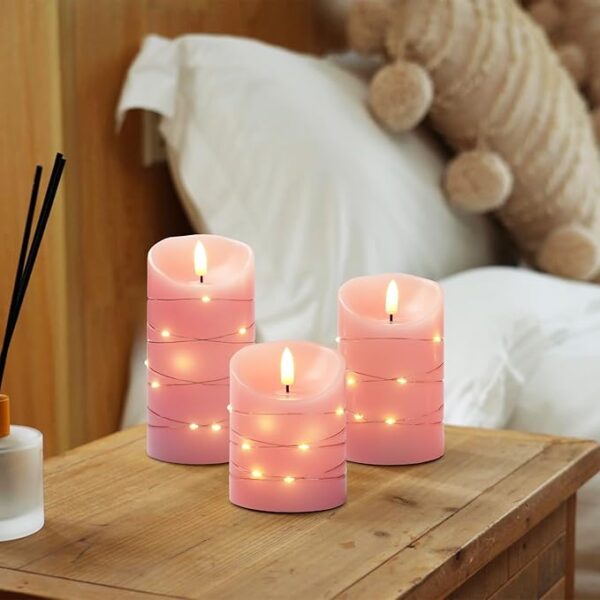 Homemory Flameless Candles with String Lights, 3 Pack Embedded Fairy String Lights LED Candles, Electric Flickering Candles with Remote Control and Timer, Real Wax, Pink - Image 3