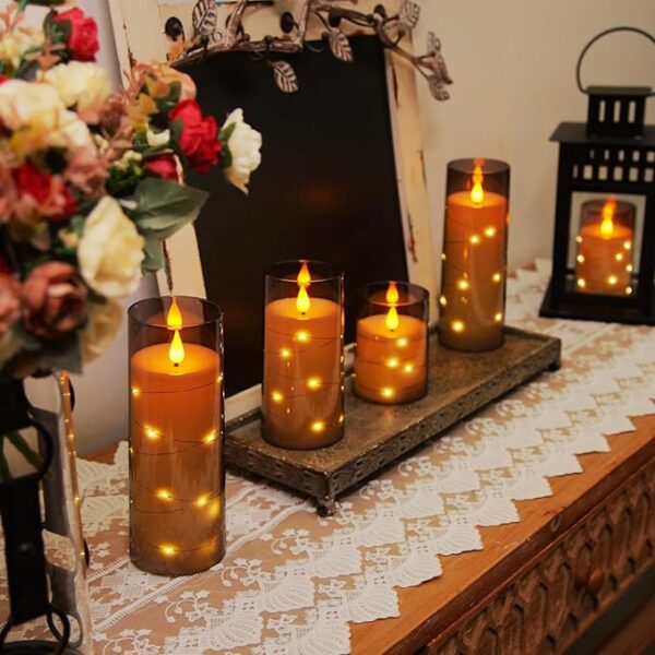 Homemory Flameless Candles with Embedded Star String Fairy Lights, Battery Operated Candles, LED Candle, Fake Candles with Remote Control and Timer for Halloween, Gray Acrylic, Set of 5(H4"5"6"8"8") - Image 5