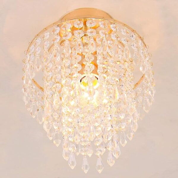 FRIXCHUR Mini Size Crystal Chandelier Modern Flush Mount Ceiling Light 3 Tiers Raindrops Crystal Pendant Lighting Fixture Decoration for Bedroom Hallway Living Room,E26 Base,Gold - Image 4