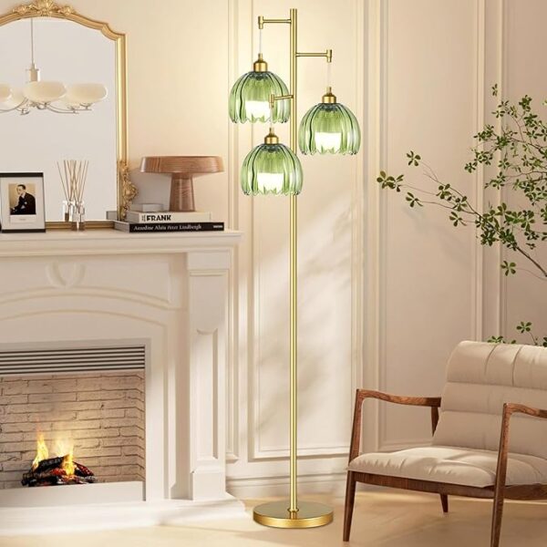 Gold Floor Lamps for Living Room Bedroom-3 Light Green Glass Floor Lamp with Three Led Bulb, Rustic Tall Floor Lamp Gold Standing Lamp Tree Floor Lamps for Living Room Bedroom,Office,Corner - Image 7