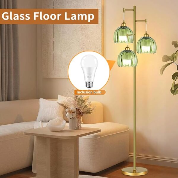 Gold Floor Lamps for Living Room Bedroom-3 Light Green Glass Floor Lamp with Three Led Bulb, Rustic Tall Floor Lamp Gold Standing Lamp Tree Floor Lamps for Living Room Bedroom,Office,Corner - Image 3