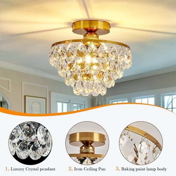 YYJLX Modern E26 Small Crystal Chandelier Semi Flush Mount Ceiling Light Fixture Gold Ceiling Lamp for Hallway Bedroom Bathroom Closet Bedroom Foyer - Image 3