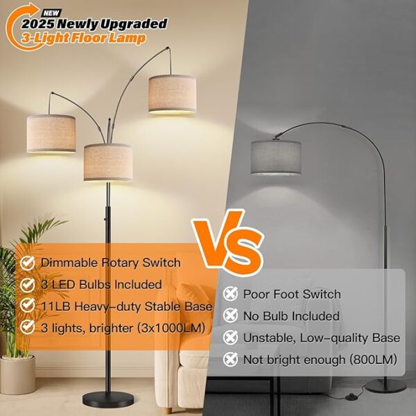Dimmable Floor Lamp - 3 Lights Arc Floor Lamps for Living Room, 1000LM Modern Tall Standing Lamp With Beige Shades & Heavy Base, Mid Century Tree Floor Lamp for Bedroom Office, 3 LED Bulbs Included - Image 6