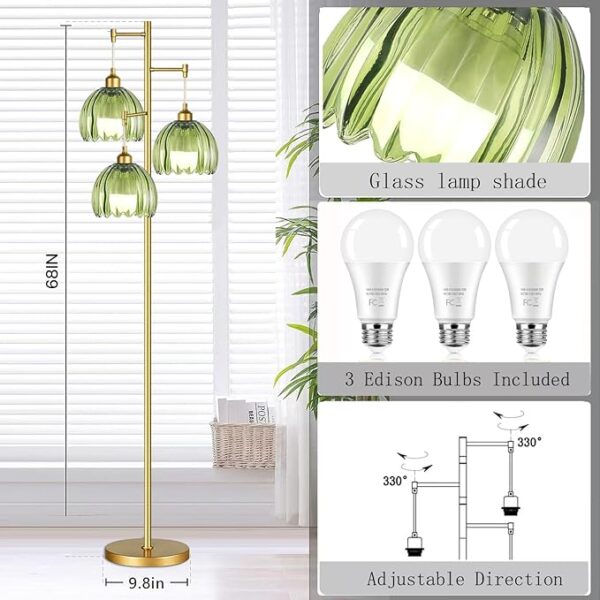 Gold Floor Lamps for Living Room Bedroom-3 Light Green Glass Floor Lamp with Three Led Bulb, Rustic Tall Floor Lamp Gold Standing Lamp Tree Floor Lamps for Living Room Bedroom,Office,Corner - Image 5