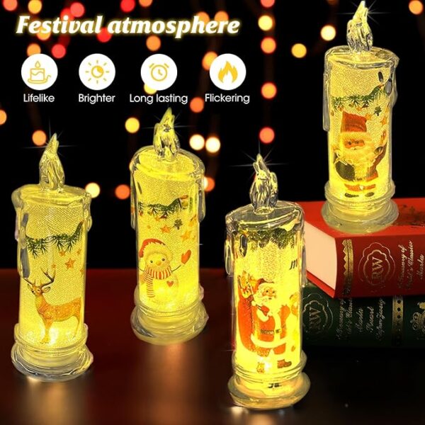 Christmas Flameless White Candles with Santa Claus, Snowman,Decals Set of 4, Battery Operated Christmas Themed LED Pillar Candles for Festival Christmas Decorations - Image 3