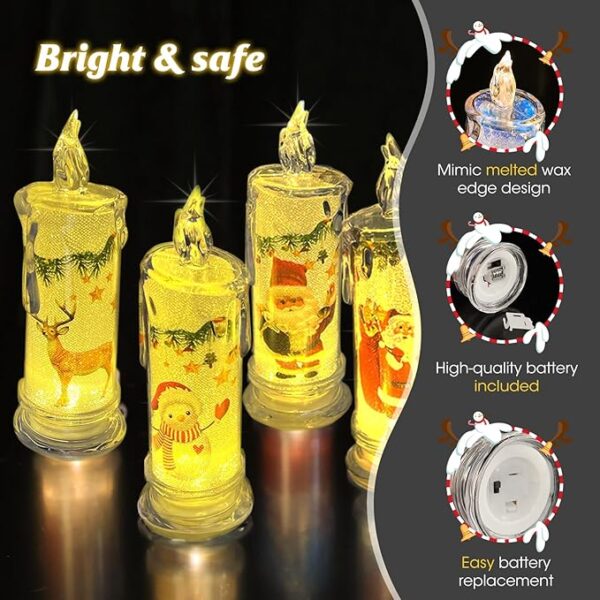 Christmas Flameless White Candles with Santa Claus, Snowman,Decals Set of 4, Battery Operated Christmas Themed LED Pillar Candles for Festival Christmas Decorations - Image 2