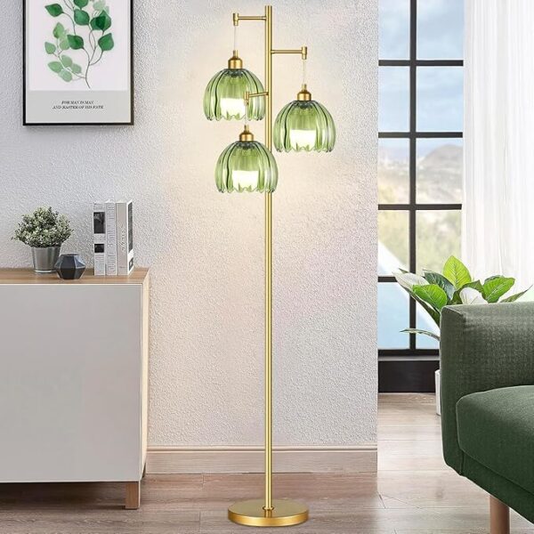 Gold Floor Lamps for Living Room Bedroom-3 Light Green Glass Floor Lamp with Three Led Bulb, Rustic Tall Floor Lamp Gold Standing Lamp Tree Floor Lamps for Living Room Bedroom,Office,Corner - Image 6