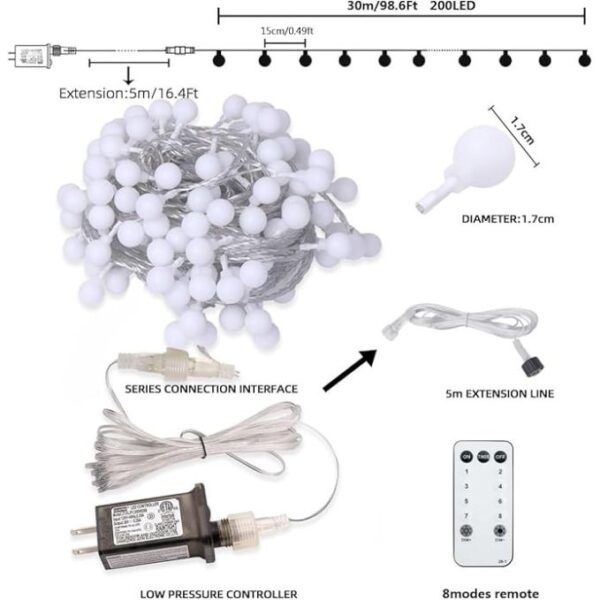 Globe String Lights Plug in 116 Ft. 200 LED 8 Modes with Remote,Waterproof Fairy String Lights for Indoor Outdoor Bedroom Party Wedding Garden Christmas Tree Decor,Warm White - Image 2