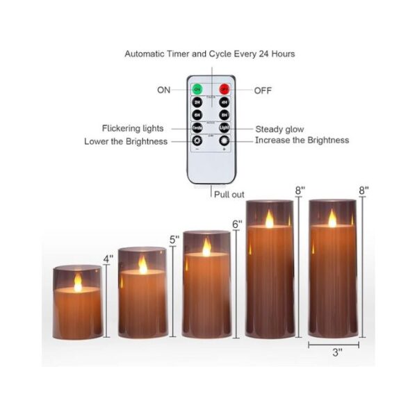 Homemory Gray Flickering Flameless Candles, Battery Operated Acrylic LED Pillar Candles with Remote Control and Timer, Halloween Decor, Set of 5 - Image 6