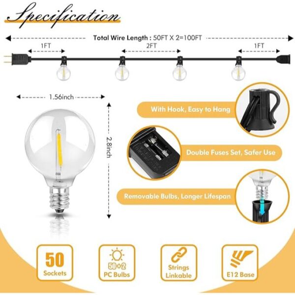 100FT LED Outdoor String Lights Patio Light with 52 Shatterproof G40 Dimmable Globe Bulb, 2-Pack 50FT Waterproof Outside Hanging String Light for Christmas Backyard Porch Balcony Gazebo Party - Image 6