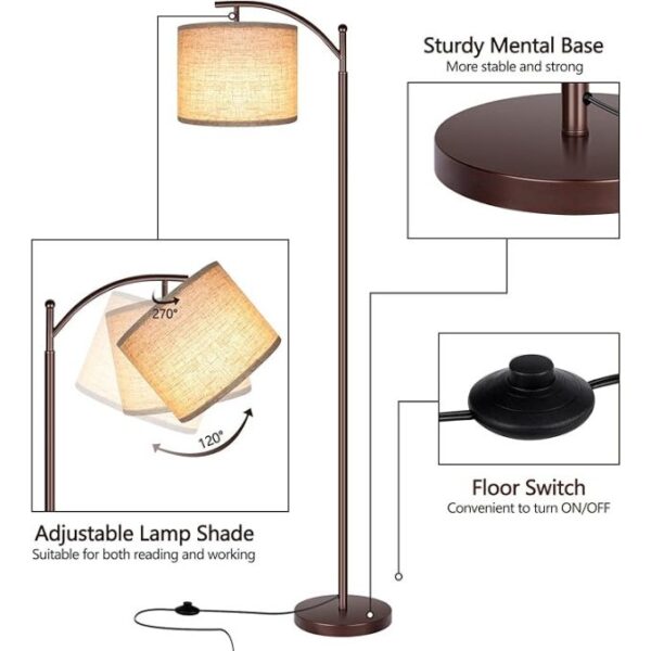 Rottogoon Floor Lamp for Living Room, LED Standing Lamp Tall Industrial Floor Lamp Reading for Bedroom, Office (9W LED Bulb, Beige Lampshade Included) -Oil-Rubbed Bronze - Image 3