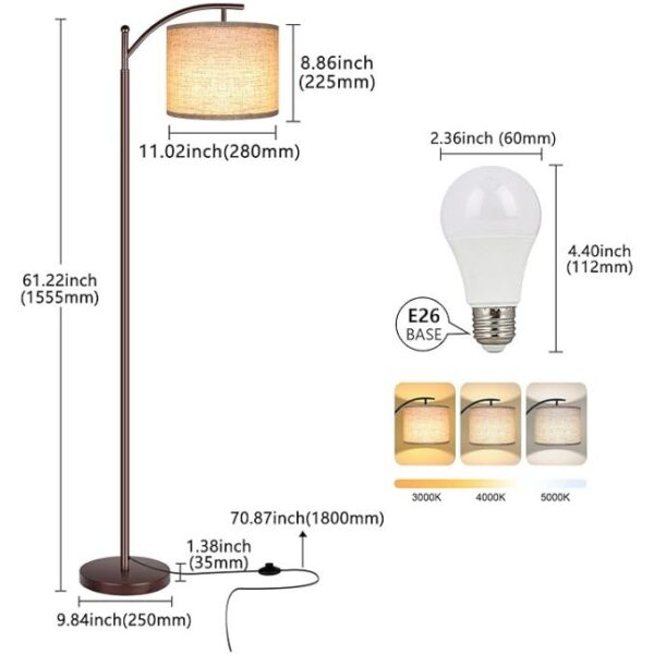 Rottogoon Floor Lamp for Living Room, LED Standing Lamp Tall Industrial Floor Lamp Reading for Bedroom, Office (9W LED Bulb, Beige Lampshade Included) -Oil-Rubbed Bronze - Image 4