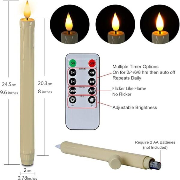 Homemory 6 Pcs Flameless Taper Candles with Remote, Timer, Dimmer, Ivory Battery Operated CandleSticks with Flickering Light, Plastic Led Window Candles, 9.6 Inches for Halloween Christmas Decoration - Image 5